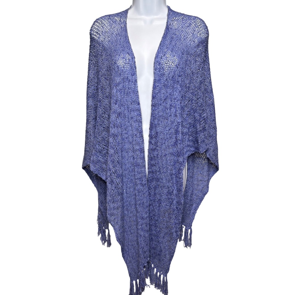 COLDWATER CREEK Womens Blue Open Knit Fringe Wrap Cardigan OS Boho Ethereal Chic